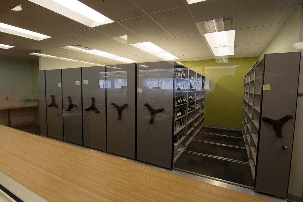 Low profile mobile shelving unit at Financial firm