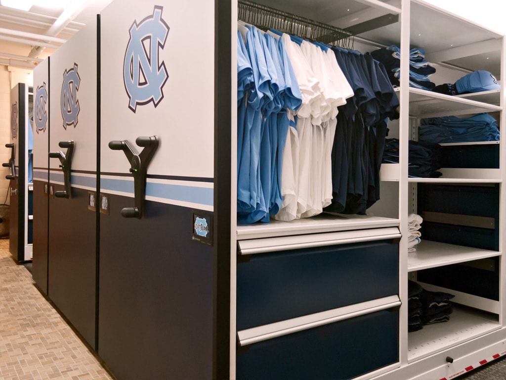 Mobile shelving graphics means gameon for athletic equipment storage