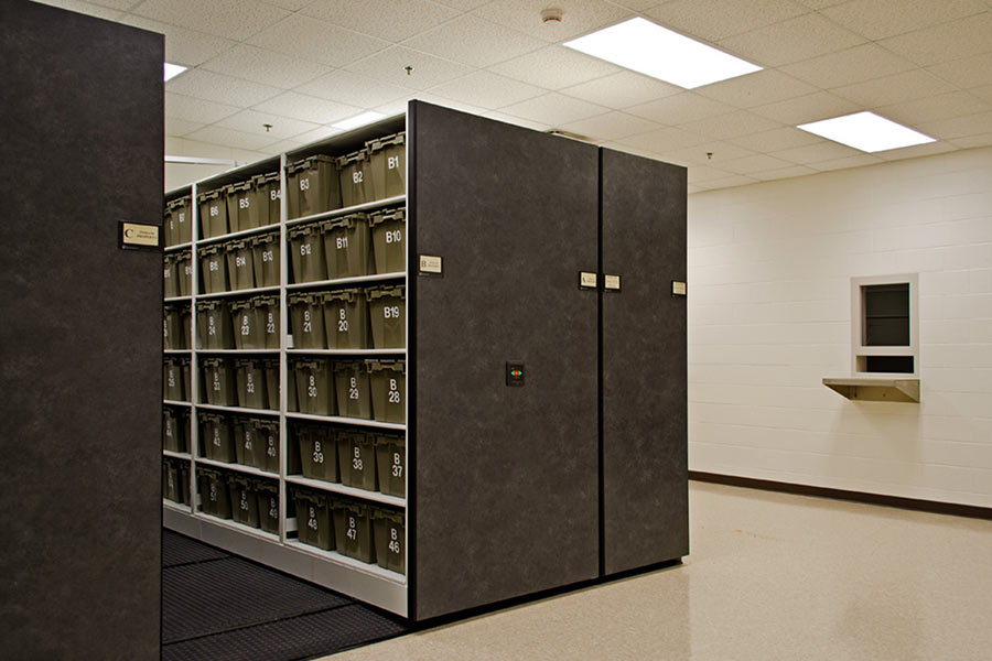 Inmate Property Bins Stored on Powered Mobile Shelving