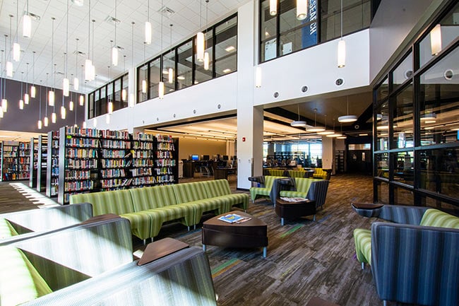 Student Seating Areas and Cantilever Shelving in Library