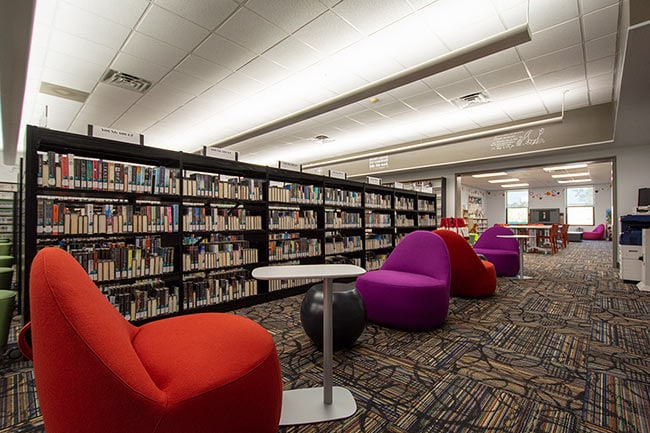 Study Area and Book Stacks in Campus Library