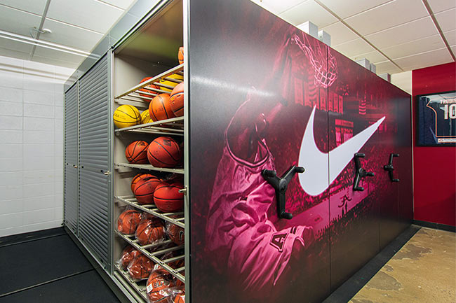Basketball Equipment Stored in High-Density Mobile Shelving