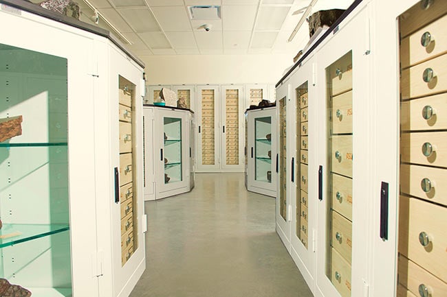 Counter Height and In-Wall Museum Cabinets Storing Meteorites