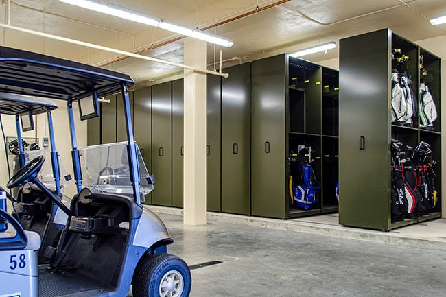 Golf Clubs Stored on Manual-Assist Mobile Shelving