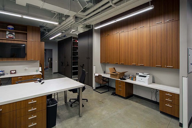 Modular Casework Provides Storage for Basketball Staff Workstations