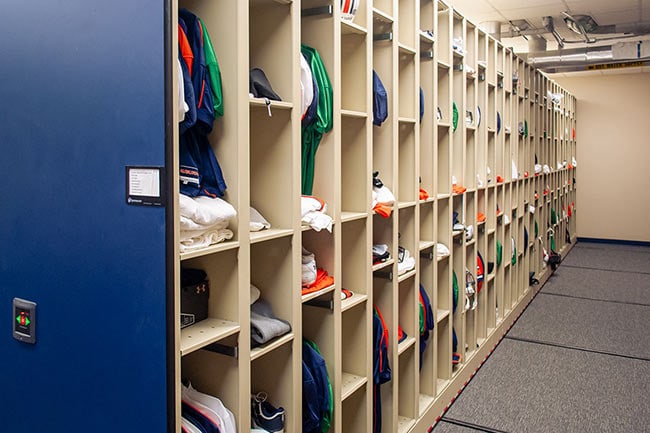Organized Athletic Uniforms Stored on 4-Post Shelving