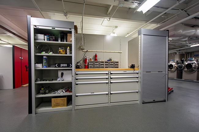 Secure 4-Post Shelving and Drawers in Equipment Maintenance Area