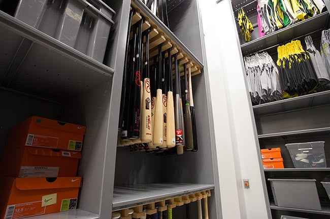 Softball and Baseball Bats Stored in 4-Post Shelving