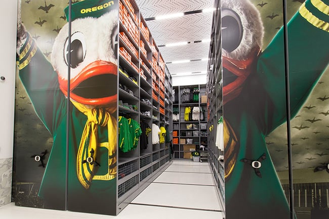 Uniforms Cleats and Shoes Stored in High-Density Mobile Shelving