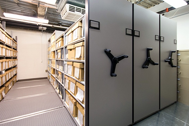 Archive Boxes Stored on Mechanical-Assist Mobile Shelving