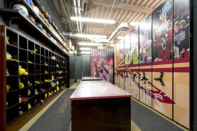 Football Gear and Equipment Stored in Mobile Shelving