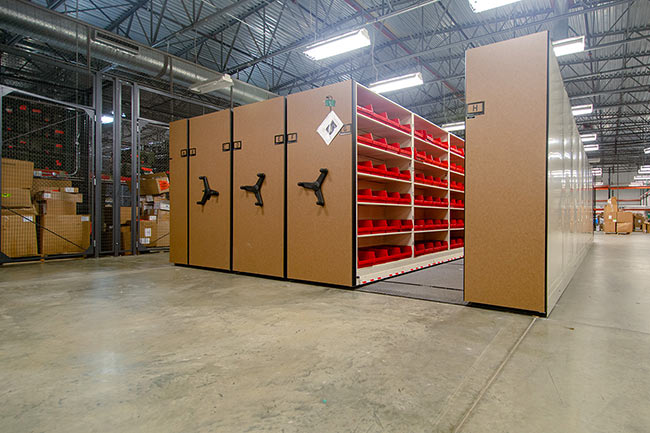 Military Base Medical Supplies Stored in Mechanical-Assist Compact Shelving