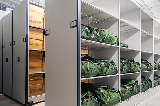 Military Parachutes Stored on Powered Mobile Shelving