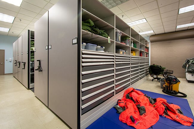 Mobile Shelving and Modular Drawers Storing Military Gear