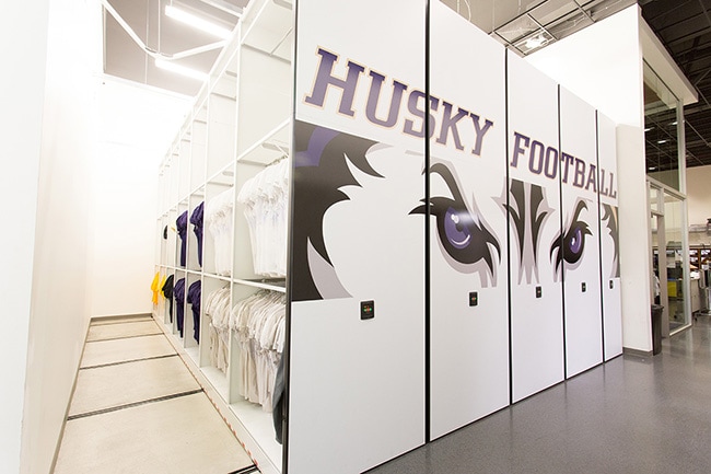 Powered High-Density Mobile Shelving in Athletic Equipment Storage Area