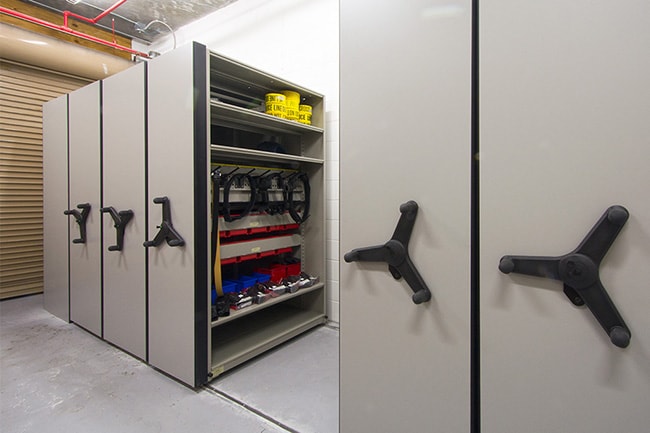 Mechanical-Assist Mobile Shelving for Law Enforcement Gear