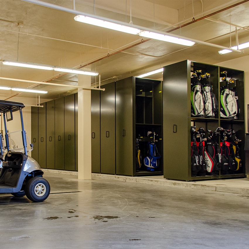 Golf-Clubs-Stored-on-Manual-Mobile-Shelving