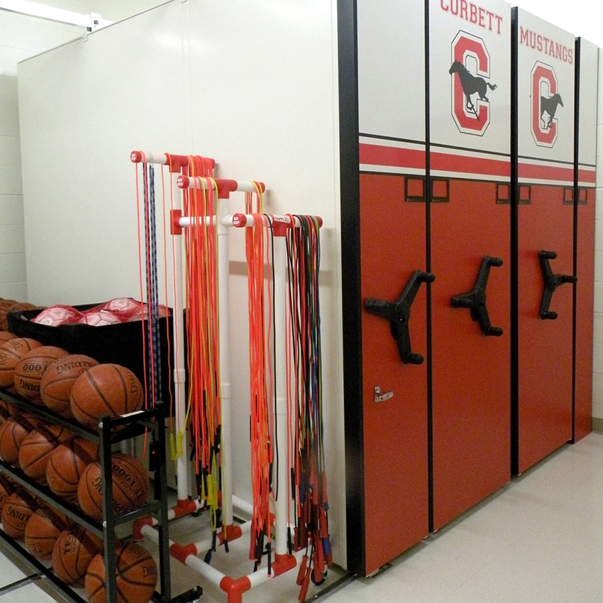Gym-Equipment-and-Uniforms-Stored-in-Wheelhouse-Mobile-Shelving