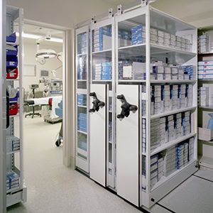 Medical-Equipment-Stored-On-Mobile-Shelving